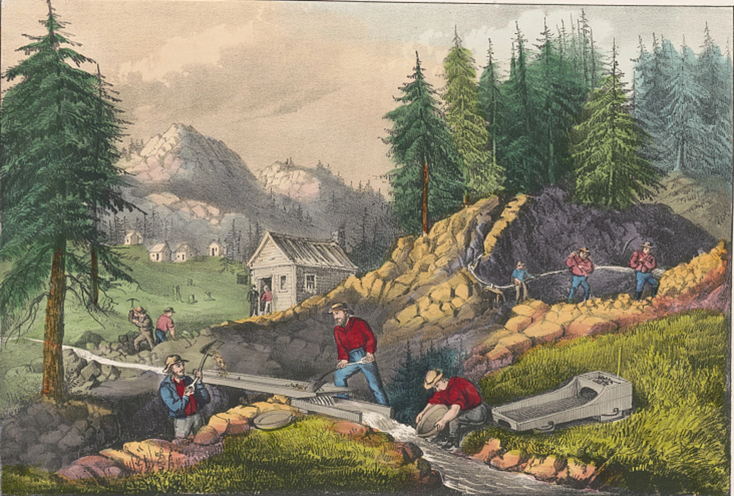 Historic illustration of prospectors in the California goldfields
